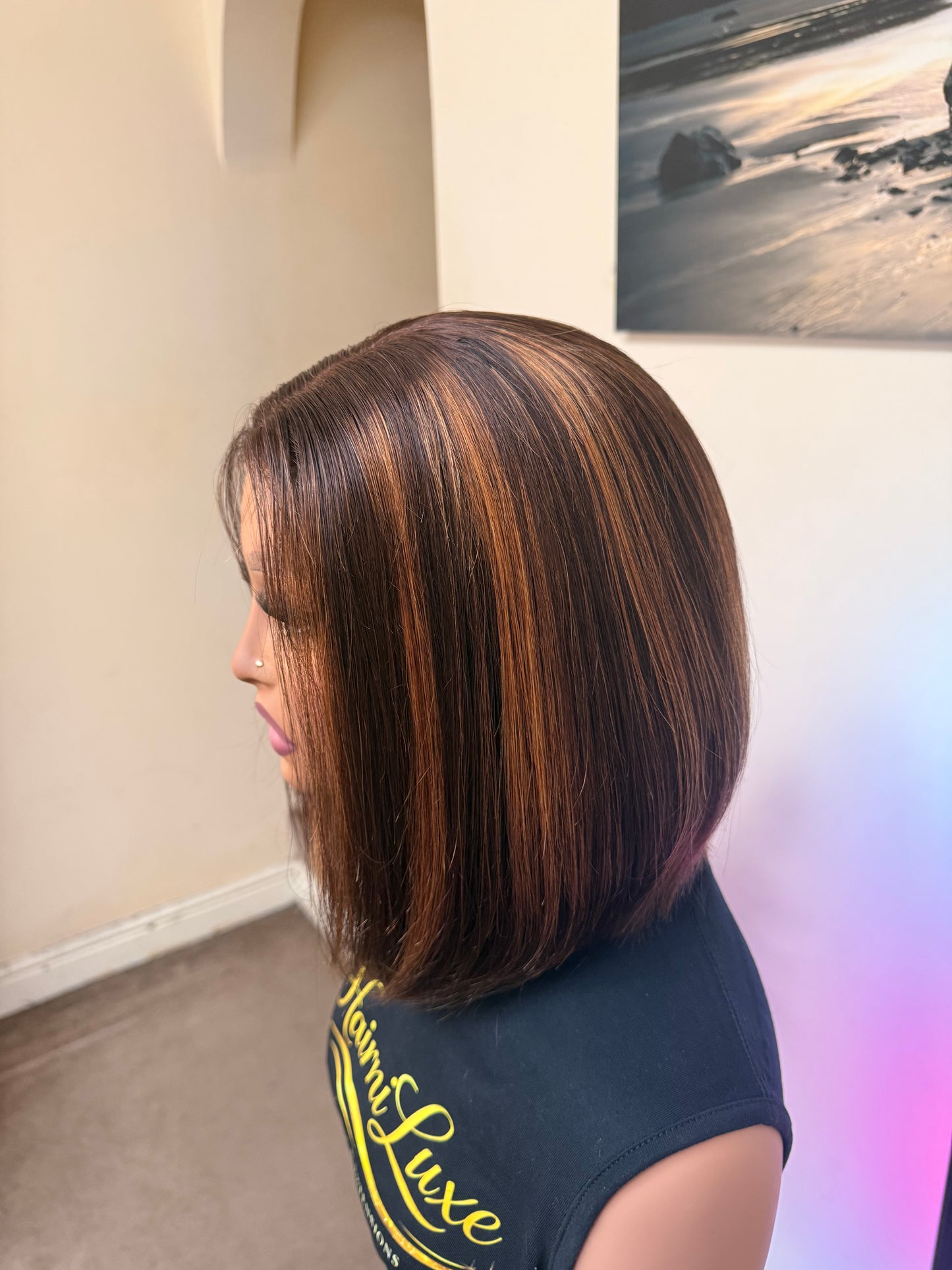 WIG DEBBI — 10” Piano Highlight Sleek Straight Closure ready to wear Bob Wig