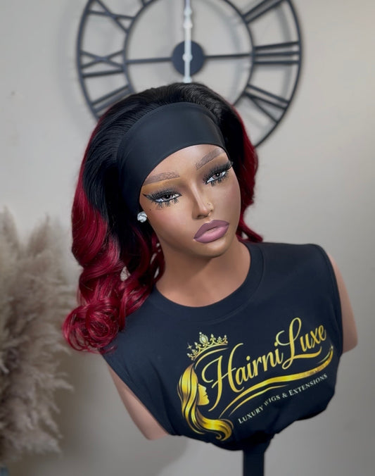 WIG TINA — 14” Burgundy Ombré Bouncy Wave Headband Wig ready to wear