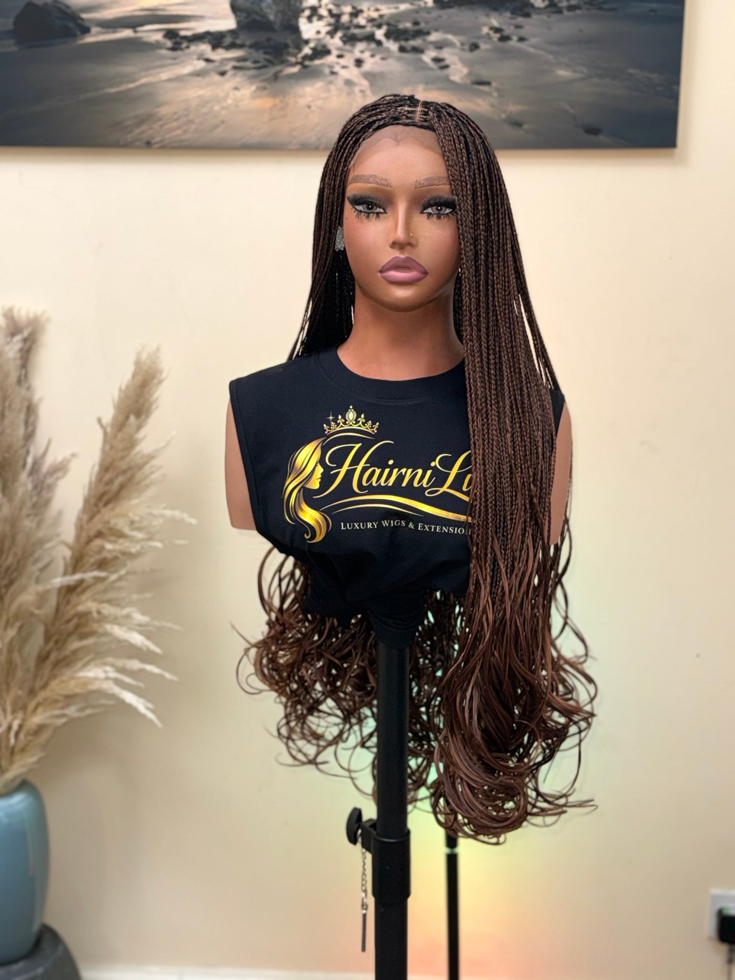 WIG Kara— 30” Chocolate Micro-Braid Lace Front Wig with Curly Ends ready to wear