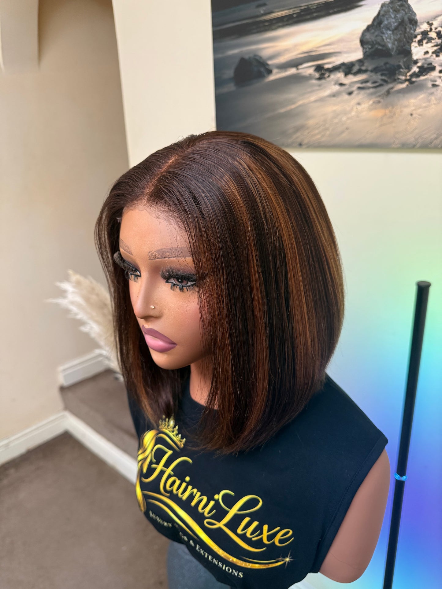 WIG DEBBI — 10” Piano Highlight Sleek Straight Closure ready to wear Bob Wig